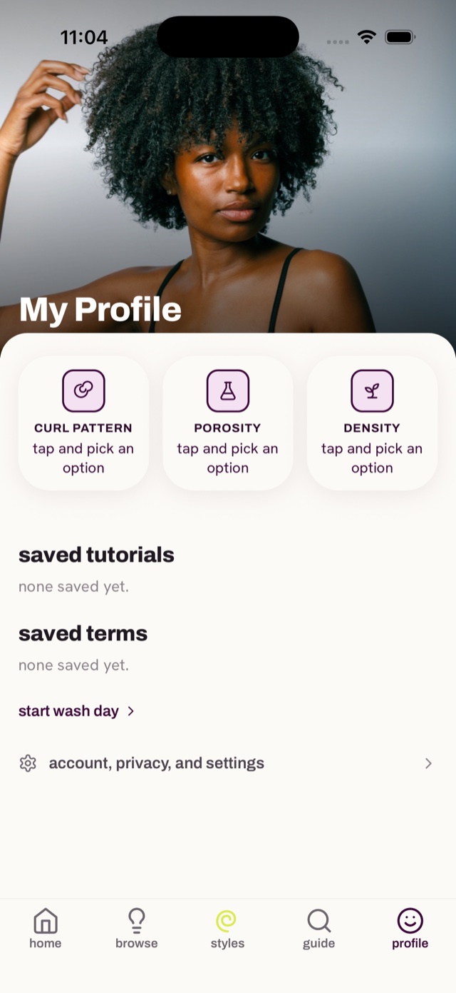 The Curlhood profile screen, showing curl pattern, porosity, and density.