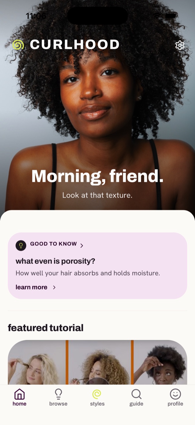 The Curlhood home screen, with a featured tutorial and a term to learn.
